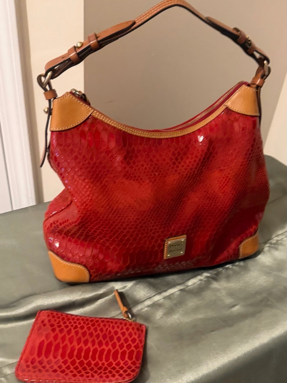 Dooney & Bourke Red Snakeskin-Embossed Shoulder Bag with Tan Trim